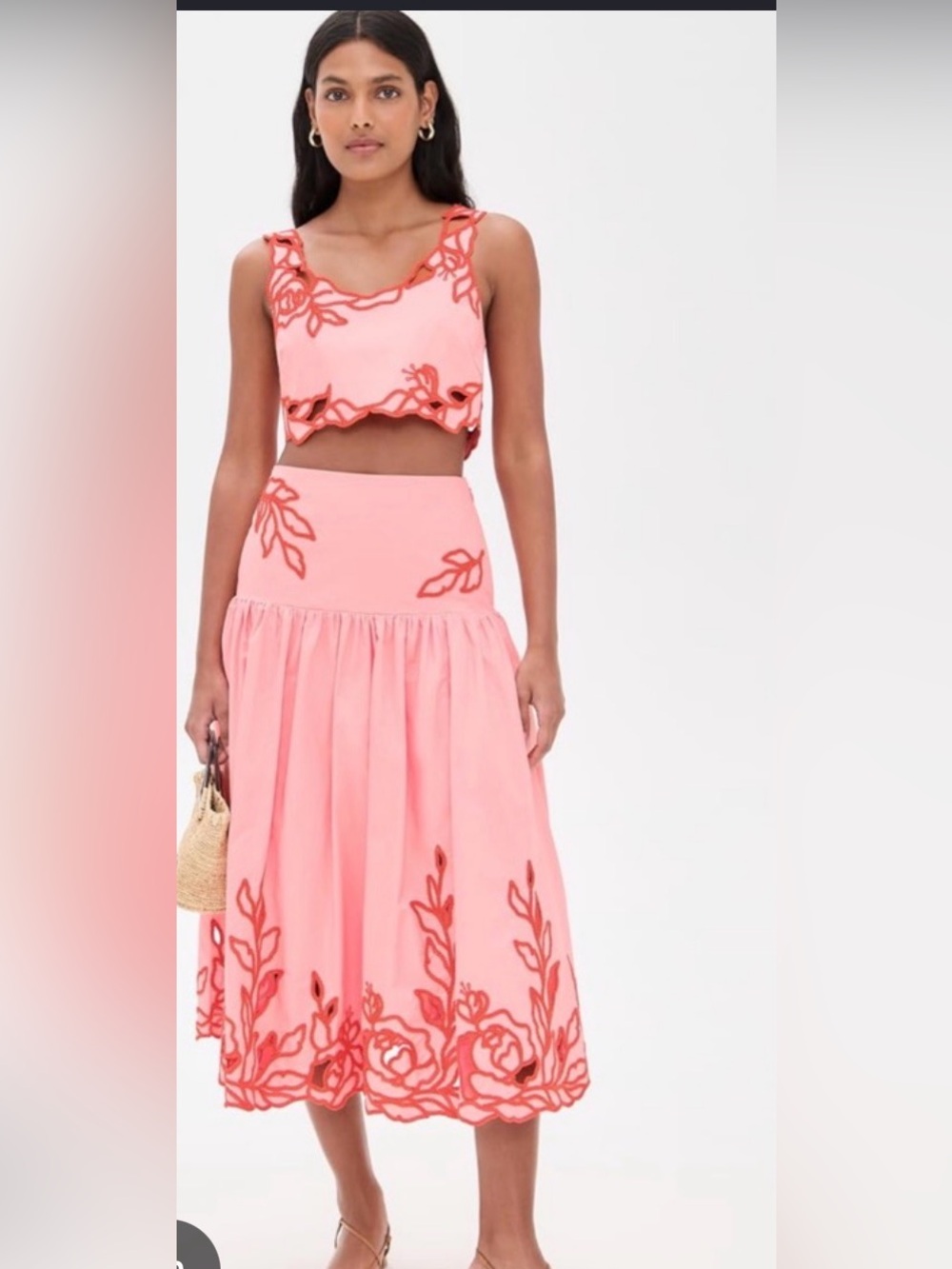 cinq a sept Pink Maxi Skirt & Crop Top Set with Red Embroidery